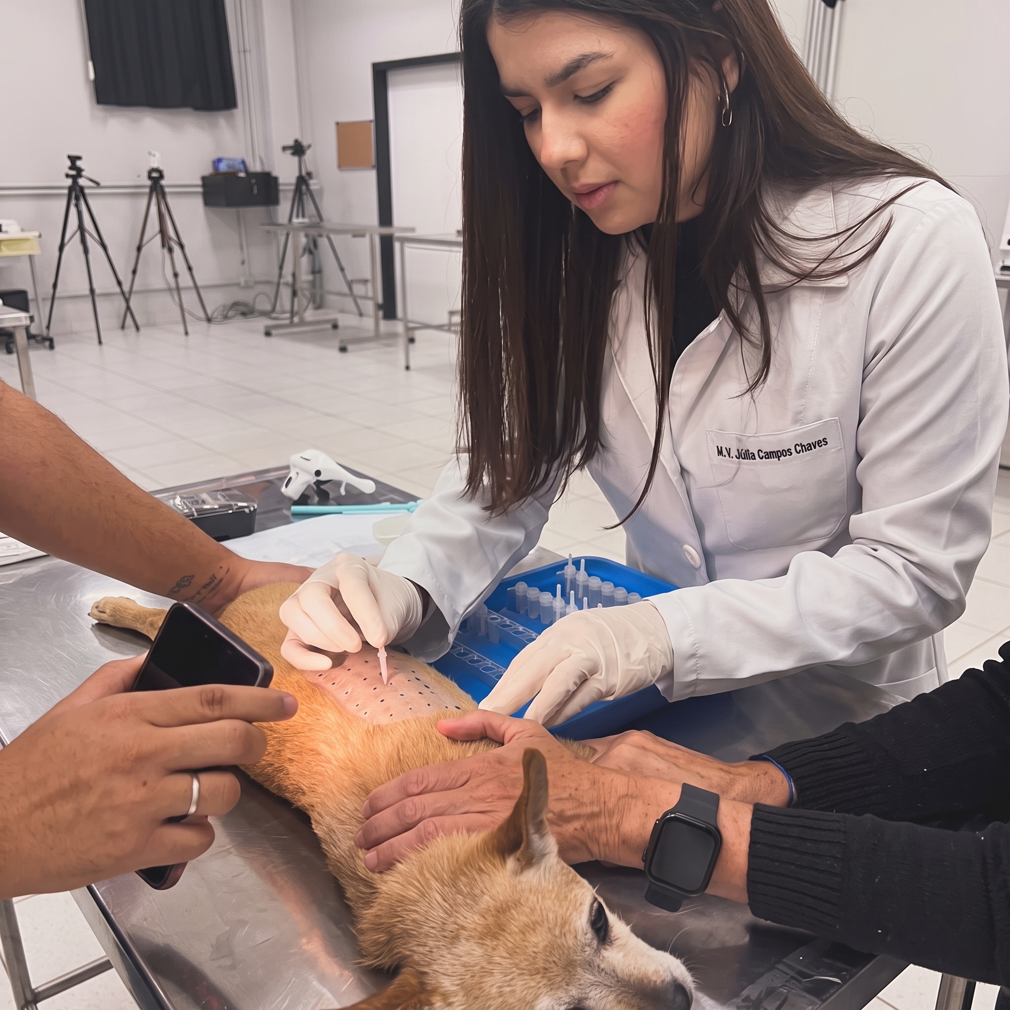 Dra. Giulia Campos Chaves realizando exame dermatológico em paciente